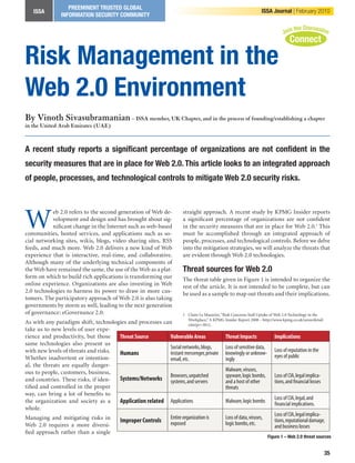 PreemInent truSted GlobAl
   ISSA                                                                                                                 ISSA Journal | February 2010
                 InformAtIon SecurIty communIty




risk management in the
Web 2.0 environment
By Vinoth Sivasubramanian – ISSA member, UK Chapter, and in the process of founding/establishing a chapter
in the United Arab Emirates (UAE)



A recent study reports a significant percentage of organizations are not confident in the
security measures that are in place for Web 2.0. this article looks to an integrated approach
of people, processes, and technological controls to mitigate Web 2.0 security risks.




W
           eb 2.0 refers to the second generation of Web de-               straight approach. A recent study by KPMG Insider reports
           velopment and design and has brought about sig-                 a significant percentage of organizations are not confident
           nificant change in the Internet such as web-based               in the security measures that are in place for Web 2.0.1 This
communities, hosted services, and applications such as so-                 must be accomplished through an integrated approach of
cial networking sites, wikis, blogs, video sharing sites, RSS              people, processes, and technological controls. Before we delve
feeds, and much more. Web 2.0 delivers a new kind of Web                   into the mitigation strategies, we will analyze the threats that
experience that is interactive, real-time, and collaborative.              are evident through Web 2.0 technologies.
Although many of the underlying technical components of
the Web have remained the same, the use of the Web as a plat-              threat sources for Web 2.0
form on which to build rich applications is transforming our               The threat table given in Figure 1 is intended to organize the
online experience. Organizations are also investing in Web                 rest of the article. It is not intended to be complete, but can
2.0 technologies to harness its power to draw in more cus-                 be used as a sample to map out threats and their implications.
tomers. The participatory approach of Web 2.0 is also taking
governments by storm as well, leading to the next generation
of governance: eGovernance 2.0.                                            1 Claire Le Masurier, “Risk Concerns Stall Uptake of Web 2.0 Technology in the
                                                                    Workplace,” A KPMG Insider Report 2008 – http://www.kpmg.co.uk/news/detail.
As with any paradigm shift, technologies and processes can          cfm?pr=3012.
take us to new levels of user expe-
rience and productivity, but those    Threat Source       Vulnerable Areas             Threat Impacts               Implications
same technologies also present us
                                                          Social networks, blogs,      Loss of sensitive data,
with new levels of threats and risks. Humans              instant messenger, private knowingly or unknow- Loss of reputation in the
Whether inadvertent or intention-                                                                                   eyes of public
                                                          email, etc.                  ingly
al, the threats are equally danger-
ous to people, customers, business,                                                    Malware, viruses,
                                                          Browsers, unpatched          spyware, logic bombs, Loss of CIA, legal implica-
and countries. These risks, if iden-  Systems/Networks systems, and servers            and a host of other          tions, and financial losses
tified and controlled in the proper                                                    threats
way, can bring a lot of benefits to
                                                                                                                    Loss of CIA, legal, and
the organization and society as a     Application related Applications                 Malware, logic bombs         financial implications.
whole.
                                                                                                                    Loss of CIA, legal implica-
Managing and mitigating risks in      Improper Controls Entire organization is
                                                          exposed
                                                                                       Loss of data, viruses,
                                                                                       logic bombs, etc.            tions, reputational damage,
Web 2.0 requires a more diversi-                                                                                    and business losses
fied approach rather than a single
                                                                                                                            figure 1 – Web 2.0 threat sources


                                                                                                                                                            35
 