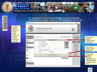 Desde aquí vamos a utilizar los menús para que usted se familiarice con el  entorno del SIVEC. En  esta función es  donde podrá actualizar su propia información personal, laboral; colocar su foto, su página personal de Internet, etc. Del Menú superior  seleccionamos la opción datos, a fin de llenar nuestra información personal. Nos permite registrar nuestros datos  personales. Nos permite registrar datos adicionales Nos permite configurar opciones especiales como  cambiar la clave de ingreso entre otros. 