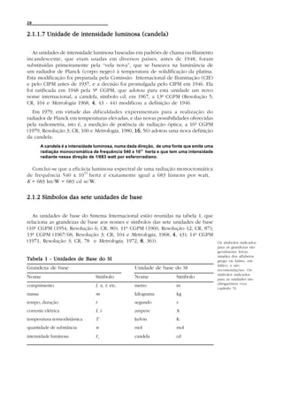 28


2.1.1.7 Unidade de intensidade luminosa (candela)

   As unidades de intensidade luminosa baseadas em padrões de chama ou filamento
incandescente, que eram usadas em diversos países, antes de 1948, foram
substituídas primeiramente pela “vela nova”, que se baseava na luminância de
um radiador de Planck (corpo negro) à temperatura de solidificação da platina.
Esta modificação foi preparada pela Comissão Internacional de Iluminação (CIE)
e pelo CIPM antes de 1937, e a decisão foi promulgada pelo CIPM em 1946. Ela
foi ratificada em 1948 pela 9ª CGPM, que adotou para esta unidade um novo
nome internacional, a candela, símbolo cd; em 1967, a 13ª CGPM (Resolução 5;
CR, 104 e Metrologia 1968, 4 , 43 - 44) modificou a definição de 1946.
  Em 1979, em virtude das dificuldades experimentais para a realização do
radiador de Planck em temperaturas elevadas, e das novas possibilidades oferecidas
pela radiometria, isto é, a medição de potência de radiação óptica, a 16ª CGPM
(1979, Resolução 3; CR, 100 e Metrologia, 1980, 16 56) adotou uma nova definição
                                                16,
da candela:
        A candela é a intensidade luminosa, numa dada direção, de uma fonte que emite uma
        radiação monocromática de frequência 540 x 1012 hertz e que tem uma intensidade
        radiante nessa direção de 1/683 watt por esferorradiano.

  Conclui-se que a eficácia luminosa espectral de uma radiação monocromática
                        12
de frequência 540 x 10 hertz é exatamente igual a 683 lúmens por watt,
K = 683 lm/W = 683 cd sr/W.


2.1.2 Símbolos das sete unidades de base

   As unidades de base do Sistema Internacional estão reunidas na tabela 1, que
relaciona as grandezas de base aos nomes e símbolos das sete unidades de base
(10ª CGPM (1954, Resolução 6; CR, 80); 11ª CGPM (1960, Resolução 12; CR, 87);
13ª CGPM (1967/68, Resolução 3; CR, 104 e Metrologia, 1968, 4 , 43); 14ª CGPM
(1971, Resolução 3; CR, 78 e Metrologia, 1972, 8 , 36)).                                    Os símbolos indicados
                                                                                            para as grandezas são
                                                                                            geralmente letras
                                                                                            simples dos alfabetos
Tabela 1 - Unidades de Base do SI                                                           grego ou latino, em
                                                                                            itálico, e são
Grandeza de base                                    Unidade de base do SI                   recomendações. Os
                                                                                            símbolos indicados
Nome                             Símbolo            Nome               Símbolo              para as unidades são
                                                                                            obrigatórios (ver
comprimento                      l, x, r, etc.      metro              m
                                                                                            capítulo 5).
massa                            m                  kilograma          kg
tempo, duração                   t                  segundo            s
corrente elétrica                I, i               ampere             A
temperatura termodinâmica        T                  kelvin             K
quantidade de substância         n                  mol                mol
intensidade luminosa             Iv                 candela            cd
 