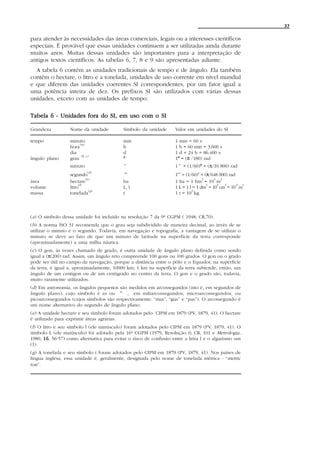 37


para atender às necessidades das áreas comerciais, legais ou a interesses científicos
especiais. É provável que essas unidades continuem a ser utilizadas ainda durante
muitos anos. Muitas dessas unidades são importantes para a interpretação de
antigos textos científicos. As tabelas 6, 7, 8 e 9 são apresentadas adiante.
  A tabela 6 contém as unidades tradicionais de tempo e de ângulo. Ela também
contém o hectare, o litro e a tonelada, unidades de uso corrente em nível mundial
e que diferem das unidades coerentes SI correspondentes, por um fator igual a
uma potência inteira de dez. Os prefixos SI são utilizados com várias dessas
unidades, exceto com as unidades de tempo.

Tabela 6 - Unidades fora do SI, em uso com o SI

Grandeza          Nome da unidade         Símbolo da unidade      Valor em unidades do SI

tempo             minuto                  min                     1 min = 60 s
                       (a)
                  hora                    h                       1 h = 60 min = 3.600 s
                  dia                     d                       1 d = 24 h = 86.400 s
                        (b, c)
ângulo plano      grau                    º                       1º = (π /180) rad
                  minuto                   ’                      1 ’ = (1/60)º = (π/10 800) rad
                             (d)
                  segundo                  ’’                     1’’ = (1/60)’ = (π/648 000) rad
                           (e)                                                   2    4   2
área              hectare                 ha                      1 ha = 1 hm = 10 m
                       (f)                                                         3    3   3    -3 3
volume            litro                   L, l                    1 L = 1 l = 1 dm = 10 cm = 10 m
                             (g )                                          3
massa             tonelada                t                       1 t = 10 kg



(a) O símbolo dessa unidade foi incluído na resolução 7 da 9ª CGPM ( 1948; CR,70).
(b) A norma ISO 31 recomenda que o grau seja subdividido de maneira decimal, ao invés de se
utilizar o minuto e o segundo. Todavia, em navegação e topografia, a vantagem de se utilizar o
minuto se deve ao fato de que um minuto de latitude na superfície da terra corresponde
(aproximadamente) a uma milha náutica.
(c) O gon, às vezes chamado de grado, é outra unidade de ângulo plano definida como sendo
igual a (π/200) rad. Assim, um ângulo reto compreende 100 gons ou 100 grados. O gon ou o grado
pode ser útil no campo da navegação, porque a distância entre o pólo e o Equador, na superfície
da terra, é igual a, aproximadamente, 10000 km; 1 km na superfície da terra subtende, então, um
ângulo de um centigon ou de um centigrado no centro da terra. O gon e o grado são, todavia,
muito raramente utilizados.
(d) Em astronomia, os ângulos pequenos são medidos em arcossegundos (isto é, em segundos de
ângulo plano), cujo símbolo é as ou ’’ , em miliarcossegundos, microarcossegundos, ou
picoarcossegundos (cujos símbolos são respectivamente: “mas”, “µas” e “pas”). O arcossegundo é
um nome alternativo do segundo de ângulo plano.
(e) A unidade hectare e seu símbolo foram adotados pelo CIPM em 1879 (PV, 1879, 41). O hectare
é utilizado para exprimir áreas agrárias.
(f) O litro e seu símbolo l (ele minúsculo) foram adotados pelo CIPM em 1879 (PV, 1879, 41). O
símbolo L (ele maiúsculo) foi adotado pela 16ª CGPM (1979, Resolução 6; CR, 101 e Metrologia,
1980, 16 56-57) como alternativa para evitar o risco de confusão entre a letra l e o algarismo um
      16,
(1).
(g) A tonelada e seu símbolo t foram adotados pelo CIPM em 1879 (PV, 1879, 41). Nos países de
língua inglesa, essa unidade é, geralmente, designada pelo nome de tonelada métrica - “metric
ton”.
 