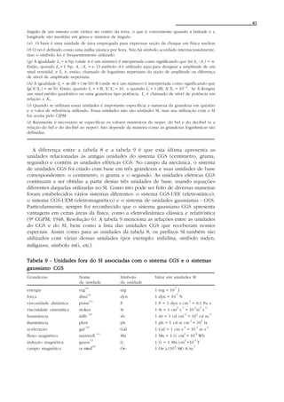 41

ângulo de um minuto com vértice no centro da terra, o que é conveniente quando a latitude e a
longitude são medidas em graus e minutos de ângulo.
(e) O barn é uma unidade de área empregada para expressar seção de choque em física nuclear
(f) O nó é definido como uma milha náutica por hora. Não há símbolo acordado internacionalmente,
mas o símbolo kn é frequentemente utilizado.
(g) A igualdade LA = n Np (onde n é um número) é interpretada como significando que ln(A 2 /A 1 ) = n.
Então, quando LA = 1 Np, A 2 /A 1 = e. O símbolo A é utilizado aqui para designar a amplitude de um
sinal senoidal, e LA é, então, chamado de logaritmo neperiano da razão de amplitude ou diferença
de nível de amplitude neperiana.
(h) A igualdade L x = m dB = (m/10) B (onde m é um número) é interpretada como significando que
lg(X/X 0 ) = m/10. Então, quando L x = 1 B, X/X 0 = 10, e quando L x = 1 dB, X/X 0 = 101/10. Se X designa
um sinal médio quadrático ou uma grandeza tipo potência, L x é chamado de nível de potência em
relação a X 0 .
(i) Quando se utilizam essas unidades é importante especificar a natureza da grandeza em questão
e o valor de referência utilizado. Essas unidades não são unidades SI, mas sua utilização com o SI
foi aceita pelo CIPM.
(j) Raramente é necessário se especificar os valores numéricos do neper, do bel e do decibel (e a
relação do bel e do decibel ao neper). Isto depende da maneira como as grandezas logarítmicas são
definidas.



   A diferença entre a tabela 8 e a tabela 9 é que esta última apresenta as
unidades relacionadas às antigas unidades do sistema CGS (centimetro, grama,
segundo) e contém as unidades elétricas CGS. No campo da mecânica, o sistema
de unidades CGS foi criado com base em três grandezas e suas unidades de base
correspondentes: o centimetro, o grama e o segundo. As unidades elétricas CGS
continuam a ser obtidas a partir destas três unidades de base, usando equações
diferentes daquelas utilizadas no SI. Como isto pode ser feito de diversas maneiras
foram estabelecidos vários sistemas diferentes: o sistema CGS-UEE (eletrostático),
o sistema CGS-UEM (eletromagnético) e o sistema de unidades gaussianas - CGS.
Particularmente, sempre foi reconhecido que o sistema gaussiano CGS apresenta
vantagens em certas áreas da física, como a eletrodinâmica clássica e relativística
(9ª CGPM; 1948, Resolução 6). A tabela 9 menciona as relações entre as unidades
do CGS e do SI, bem como a lista das unidades CGS que receberam nomes
especiais. Assim como para as unidades da tabela 8, os prefixos SI também são
utilizados com várias dessas unidades (por exemplo: milidina, símbolo mdyn;
miligauss, símbolo mG, etc).

Tabela 9 - Unidades fora do SI associadas com o sistema CGS e o sistemas
gaussiano CGS
Grandezas                    Nome                       Símbolo        Valor em unidades SI
                             da unidade                 da unidade
                                   (a )                                           -7
energia                      erg                        erg            1 erg = 10 J
                                     (a)                                           -5
força                        dina                       dyn            1 dyn = 10 N
                                          (a )                                                      -2
viscosidade dinâmica         poise                      P              1 P = 1 dyn s cm = 0,1 Pa s
                                                                                       2   -1             -4       2   -1
viscosidade cinemática       stokes                     St             1 St = 1 cm s = 10 m s
                                          (a )                                              -2                 4             -2
luminância                   stilb                      sb             1 sb = 1 cd cm = 10 cd m
                                                                                                     -2            4
iluminância                  phot                       ph             1 ph = 1 cd sr cm = 10 lx
                                    (b )                                                    -2             -2           -2
aceleração                   gal                        Gal            1 Gal = 1 cm s = 10 m s
                                                  (c)                                           2         -8
fluxo magnético              maxwell                    Mx             1 Mx = 1 G cm = 10 Wb
                                           ( c)                                                 2         -4
indução magnética            gauss                      G              1 G = 1 Mx/cm =10 T
                                     (b )                                        3        -1
campo magnético              œ rsted                    Oe             1 Oe = (10 /4π) A/m
                                                                            ^
 