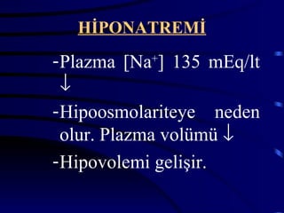 HİPONATREMİ
- Plazma [Na+] 135 mEq/lt
  ↓
- Hipoosmolariteye neden
  olur. Plazma volümü ↓
- Hipovolemi gelişir.
 