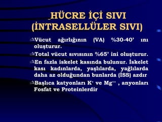 HÜCRE İÇİ SIVI
(İNTRASELLÜLER SIVI)
Vücut ağırlığının (VA) %30-40’ ını
 oluşturur.
Total vücut sıvısının %65’ ini oluşturur.
En fazla iskelet kasında bulunur. İskelet
 kası kadınlarda, yaşlılarda, yağlılarda
 daha az olduğundan bunlarda (İSS) azdır
Başlıca katyonları K+ ve Mg++ , anyonları
 Fosfat ve Proteinlerdir
 