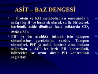 ASİT – BAZ DENGESİ
•     Protein ve KH metabolizması sonucunda 1
  mEq / kg H+ ve buna ek olarak su ile birleşerek
  karbonik aside dönüşen fazla miktarda CO2
  açığı çıkar.
• PH’ yı bu aralıkta tutmak için tampon
  sistemlerine gereksinim vardır. Tampon
  sistemleri, PH’ yı anlık kontrol etme imkanı
  sağlarken , AC’ ler hızlı PH kontrolünü,
  böbrekler ise uzun süreli PH kontrolünü
  sağlarlar.
 