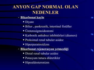 ANYON GAP NORMAL OLAN
      NEDENLER
 - Bikarbonat kaybı
    • Diyare
    • Bilier , pankreatik, intestinal fistüller
    • Üreterosigmoidostomi
    • Karbonik anhidroz inhibitörleri (diamox)
    • Proksimal renal tubuler asidoz
    • Hiperparatiroidizm
 - Bikarbonat rejenerasyon yetmezliği
    • Distal renal tubular asidoz
    • Potasyum tutucu diüretikler
    • Hipoaldosteronizm
 