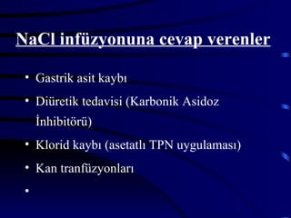 NaCl infüzyonuna cevap verenler

 • Gastrik asit kaybı
 • Diüretik tedavisi (Karbonik Asidoz
     İnhibitörü)
 • Klorid kaybı (asetatlı TPN uygulaması)
 • Kan tranfüzyonları
 •
 