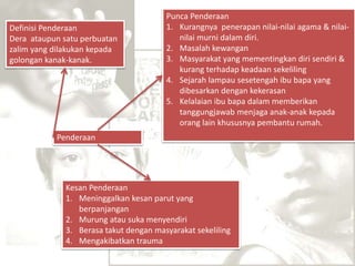 Penderaan
Punca Penderaan
1. Kurangnya penerapan nilai-nilai agama & nilai-
nilai murni dalam diri.
2. Masalah kewangan
3. Masyarakat yang mementingkan diri sendiri &
kurang terhadap keadaan sekeliling
4. Sejarah lampau sesetengah ibu bapa yang
dibesarkan dengan kekerasan
5. Kelalaian ibu bapa dalam memberikan
tanggungjawab menjaga anak-anak kepada
orang lain khususnya pembantu rumah.
Definisi Penderaan
Dera ataupun satu perbuatan
zalim yang dilakukan kepada
golongan kanak-kanak.
Kesan Penderaan
1. Meninggalkan kesan parut yang
berpanjangan
2. Murung atau suka menyendiri
3. Berasa takut dengan masyarakat sekeliling
4. Mengakibatkan trauma
 