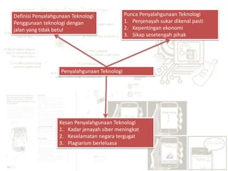 Penyalahgunaan Teknologi
Definisi Penyalahgunaan Teknologi
Penggunaan teknologi dengan
jalan yang tidak betul
Kesan Penyalahgunaan Teknologi
1. Kadar jenayah siber meningkat
2. Keselamatan negara tergugat
3. Plagiarism berleluasa
Punca Penyalahgunaan Teknologi
1. Penjenayah sukar dikenal pasti
2. Kepentingan ekonomi
3. Sikap sesetengah pihak
 