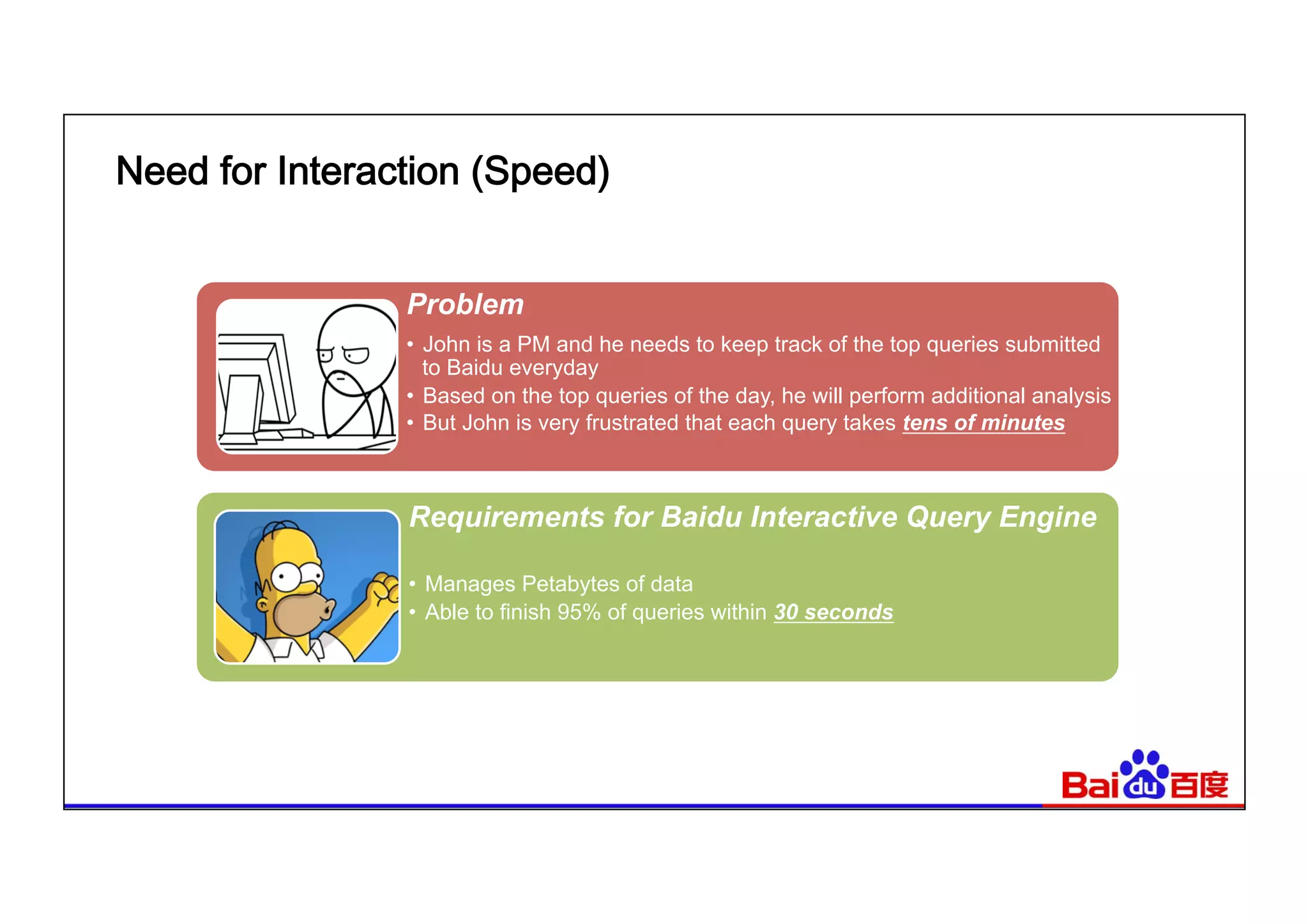 Need for Interaction (Speed)
Problem
•  John is a PM and he needs to keep track of the top queries submitted
to Baidu everyday
•  Based on the top queries of the day, he will perform additional analysis
•  But John is very frustrated that each query takes tens of minutes
Requirements for Baidu Interactive Query Engine
•  Manages Petabytes of data
•  Able to finish 95% of queries within 30 seconds
 