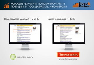 ХОРОШИЕ РЕЗУЛЬТАТЫ ПО ВСЕМ ФРОНТАМ. И
ПОЗИЦИИ, И ПОСЕЩАЕМОСТЬ, И КОНВЕРСИИ

Производство медалей − 2 СПБ

www.tar-get.ru

Заказ лимузинов − 1 СПБ

www.limoalyns.ru

 
