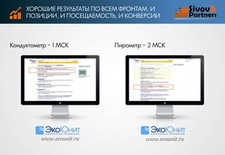 ХОРОШИЕ РЕЗУЛЬТАТЫ ПО ВСЕМ ФРОНТАМ. И
ПОЗИЦИИ, И ПОСЕЩАЕМОСТЬ, И КОНВЕРСИИ

Кондуктометр − 1 МСК

www.ecounit.ru

Пирометр − 2 МСК

www.ecounit.ru

 