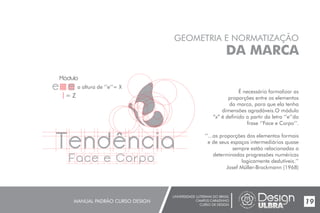UNIVERSIDADE LUTERANA DO BRASIL
CAMPUS CARAZINHO
CURSO DE DESIGN
MANUAL PADRÃO CURSO DESIGN 19
GEOMETRIA E NORMATIZAÇÃO
DA MARCA
É necessário formalizar as
proporções entre os elementos
da marca, para que ela tenha
dimensões agradáveis.O módulo
“x” é definido a partir da letra ‘’e’’da
frase ‘’Face e Corpo’’.
‘’...as proporções dos elementos formais
e de seus espaços intermediários quase
sempre estão relacionadas a
determinadas progressões numéricas
logicamente dedutíveis.’’
Josef Müller-Brockmann (1968)
a altura de ’’e’’= X
= Z
Módulo
 