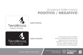 UNIVERSIDADE LUTERANA DO BRASIL
CAMPUS CARAZINHO
CURSO DE DESIGN
MANUAL PADRÃO CURSO DESIGN 24
SEGURANÇA SOBRE FUNDOS
POSITIVO / NEGATIVO
A versão traço positivo/negativo
deverá ser utilizada apenas em casos
especiais em que o processo de
impressão impeça o uso de mais de
uma cor, como impressões a laser
monocromáticas ou estampagens.
MARCA POSITIVA
MARCA NEGATIVA
 
