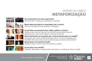 UNIVERSIDADE LUTERANA DO BRASIL
CAMPUS CARAZINHO
CURSO DE DESIGN
MANUAL PADRÃO CURSO DESIGN 7
RETRATO DA MARCA
METAFORIZAÇÃO
Se a marca fosse um carro, qual seria?
Fiat Punto 2013 - Veículo que promete ser confortável
Quais palavras podem ser associadas com a marca?
Aromas, cosméticos, cremes, perfumes, maquiagem
Se ela fosse uma pessoa? (sexo, idade, valores e crenças)
Mulher, de bem com sua vida, com torno de 40 anos de idade, mas com
aparência jovem. Tem sua fé voltada no bem de sua família.
Como descreveria as sensações que a marca provoca para um amigo?
Uma pessoa sem muito conhecimento técnico diria: ‘’pra mim representa certa
liberdade, lembra de coisas modernas olhando para o símbolo, e é fácil de ler’’
Ela iria para um encontro? (onde)
Desfile de moda - Evento envolto em aparência e estética
Se ela fosse uma animal?
Borboleta - Representa a evolução pela metamorfose, a mudança do robusto ao belo
 
