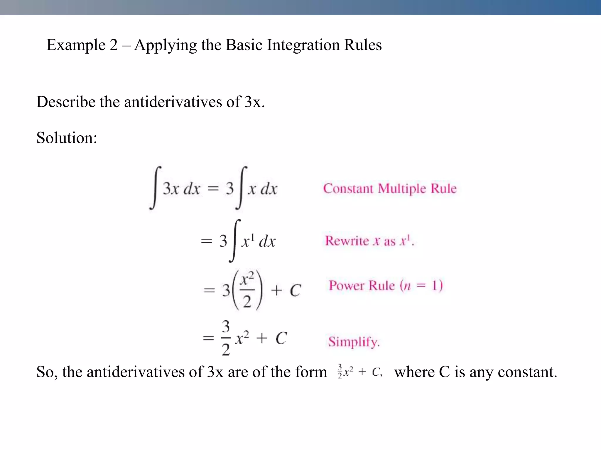 Example 2 – Applying the Basic Integration Rules
Describe the antiderivatives of 3x.
Solution:
So, the antiderivatives of 3x are of the form where C is any constant.
 