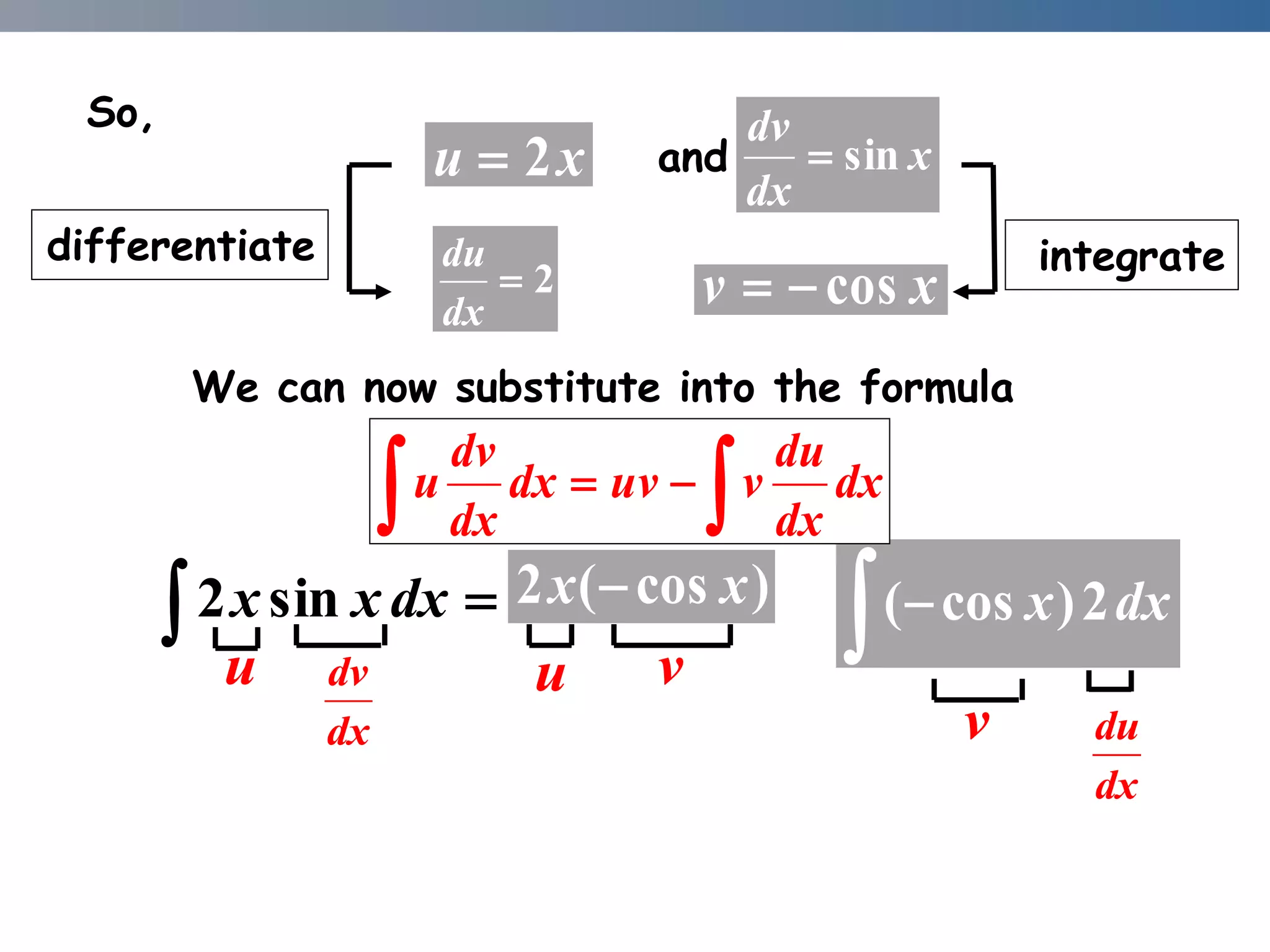 )
cos
(
2 x
x     dx
x 2
)
cos
(
We can now substitute into the formula
So,
x
u 2

2

dx
du
x
v cos


differentiate integrate
x
dx
dv
sin

and
u
dx
dv u v
v
dx
du

 
 dx
dx
du
v
uv
dx
dx
dv
u

 dx
x
xsin
2
 