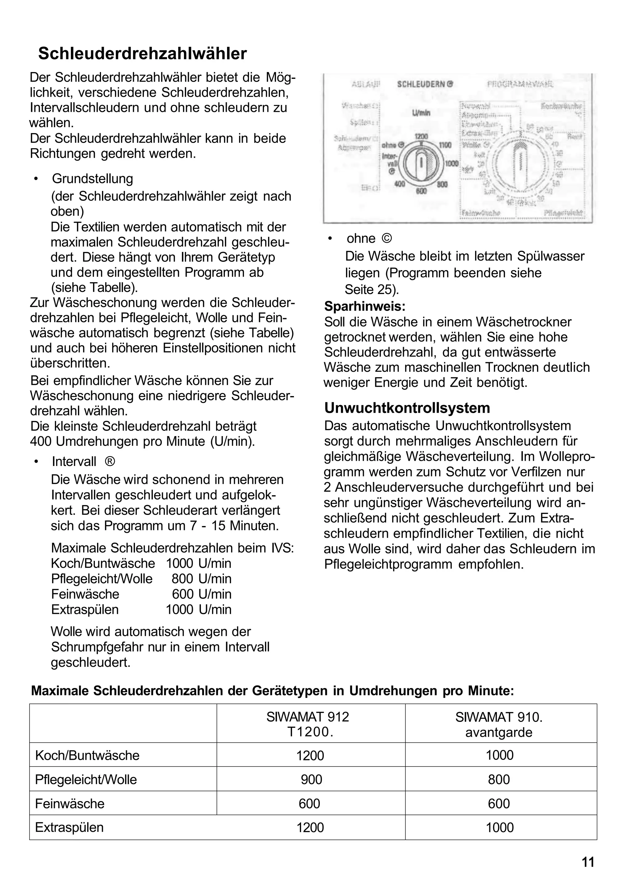 Schleuderdrehzahlwähler
Der Schleuderdrehzahlwähler bietet die Mög-
lichkeit, verschiedene Schleuderdrehzahlen,
Intervallschleudern und ohne schleudern zu
wählen.
Der Schleuderdrehzahlwähler kann in beide
Richtungen gedreht werden.
•   Grundstellung
    (der Schleuderdrehzahlwähler zeigt nach
   oben)
   Die Textilien werden automatisch mit der
   maximalen Schleuderdrehzahl geschleu-               •   ohne ©
   dert. Diese hängt von Ihrem Gerätetyp                  Die Wäsche bleibt im letzten Spülwasser
   und dem eingestellten Programm ab                      liegen (Programm beenden siehe
    (siehe Tabelle).                                      Seite 25).
Zur Wäscheschonung werden die Schleuder-              Sparhinweis:
drehzahlen bei Pflegeleicht, Wolle und Fein-          Soll die Wäsche in einem Wäschetrockner
wäsche automatisch begrenzt (siehe Tabelle)           getrocknet werden, wählen Sie eine hohe
und auch bei höheren Einstellpositionen nicht         Schleuderdrehzahl, da gut entwässerte
überschritten.                                        Wäsche zum maschinellen Trocknen deutlich
Bei empfindlicher Wäsche können Sie zur               weniger Energie und Zeit benötigt.
Wäscheschonung eine niedrigere Schleuder-
drehzahl wählen.                                      Unwuchtkontrollsystem
Die kleinste Schleuderdrehzahl beträgt                Das automatische Unwuchtkontrollsystem
400 Umdrehungen pro Minute (U/min).                   sorgt durch mehrmaliges Anschleudern für
 • Intervall ®                                        gleichmäßige Wäscheverteilung. Im Wollepro-
                                                      gramm werden zum Schutz vor Verfilzen nur
   Die Wäsche wird schonend in mehreren
                                                      2 Anschleuderversuche durchgeführt und bei
    Intervallen geschleudert und aufgelok-
                                                      sehr ungünstiger Wäscheverteilung wird an-
   kert. Bei dieser Schleuderart verlängert
                                                      schließend nicht geschleudert. Zum Extra-
   sich das Programm um 7 - 15 Minuten.
                                                      schleudern empfindlicher Textilien, die nicht
    Maximale Schleuderdrehzahlen beim IVS:            aus Wolle sind, wird daher das Schleudern im
    Koch/Buntwäsche 1000 U/min                        Pflegeleichtprogramm empfohlen.
    Pflegeleicht/Wolle 800 U/min
    Feinwäsche          600 U/min
    Extraspülen        1000 U/min
    Wolle wird automatisch wegen der
    Schrumpfgefahr nur in einem Intervall
    geschleudert.

Maximale Schleuderdrehzahlen der Gerätetypen in Umdrehungen pro Minute:
                                        SIWAMAT 912                        SIWAMAT 910.
                                           T1200.                            avantgarde
Koch/Buntwäsche                                 1200                            1000
Pflegeleicht/Wolle                              900                              800
Feinwäsche                                      600                              600
Extraspülen                                     1200                            1000

                                                                                                11
 