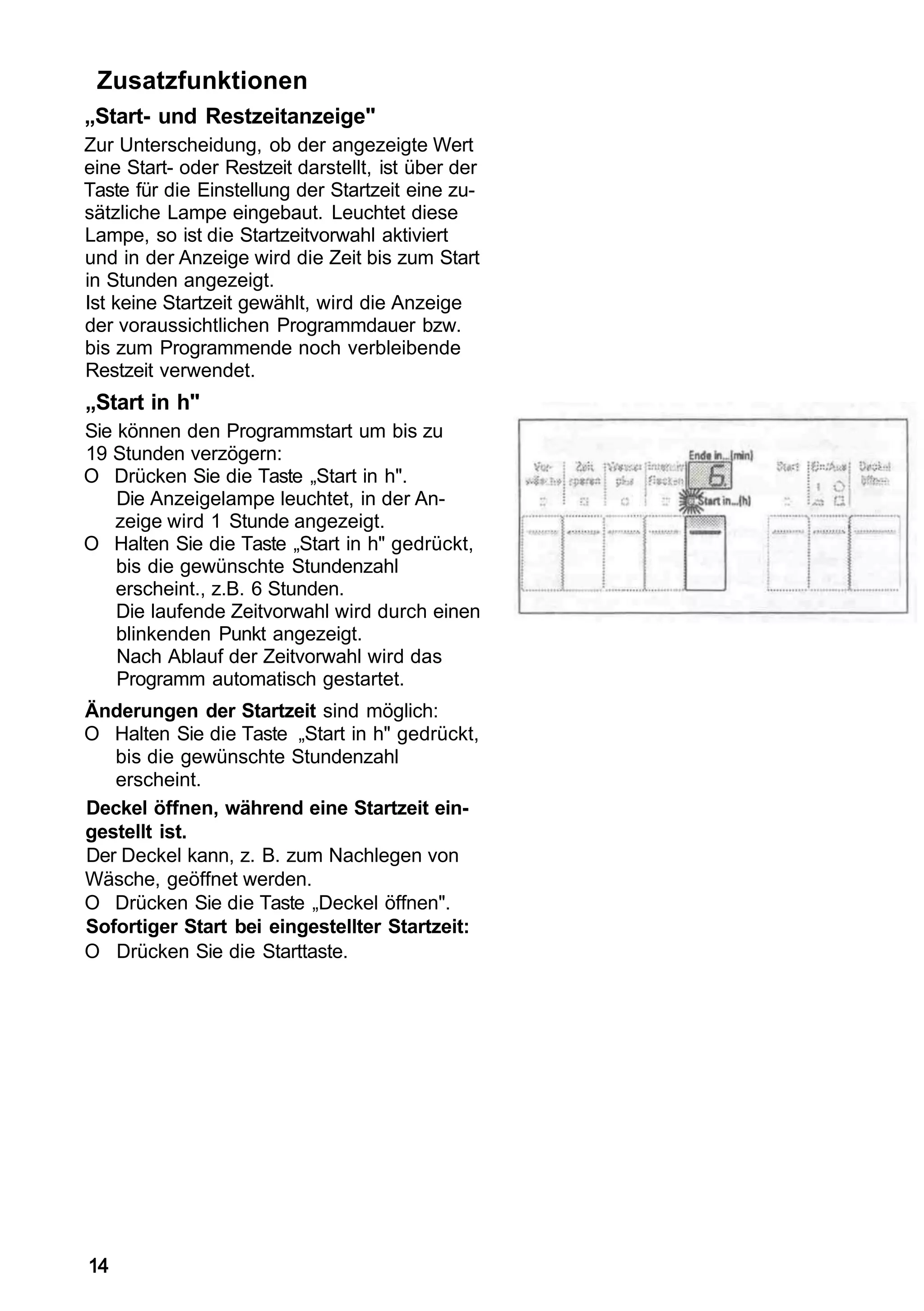 Zusatzfunktionen
„Start- und Restzeitanzeige"
Zur Unterscheidung, ob der angezeigte Wert
eine Start- oder Restzeit darstellt, ist über der
Taste für die Einstellung der Startzeit eine zu-
sätzliche Lampe eingebaut. Leuchtet diese
Lampe, so ist die Startzeitvorwahl aktiviert
und in der Anzeige wird die Zeit bis zum Start
in Stunden angezeigt.
Ist keine Startzeit gewählt, wird die Anzeige
der voraussichtlichen Programmdauer bzw.
bis zum Programmende noch verbleibende
Restzeit verwendet.
„Start in h"
Sie können den Programmstart um bis zu
19 Stunden verzögern:
O Drücken Sie die Taste „Start in h".
    Die Anzeigelampe leuchtet, in der An-
    zeige wird 1 Stunde angezeigt.
O Halten Sie die Taste „Start in h" gedrückt,
    bis die gewünschte Stundenzahl
    erscheint., z.B. 6 Stunden.
    Die laufende Zeitvorwahl wird durch einen
    blinkenden Punkt angezeigt.
    Nach Ablauf der Zeitvorwahl wird das
    Programm automatisch gestartet.
Änderungen der Startzeit sind möglich:
O Halten Sie die Taste „Start in h" gedrückt,
   bis die gewünschte Stundenzahl
   erscheint.
Deckel öffnen, während eine Startzeit ein-
gestellt ist.
Der Deckel kann, z. B. zum Nachlegen von
Wäsche, geöffnet werden.
O Drücken Sie die Taste „Deckel öffnen".
Sofortiger Start bei eingestellter Startzeit:
O Drücken Sie die Starttaste.




14
 