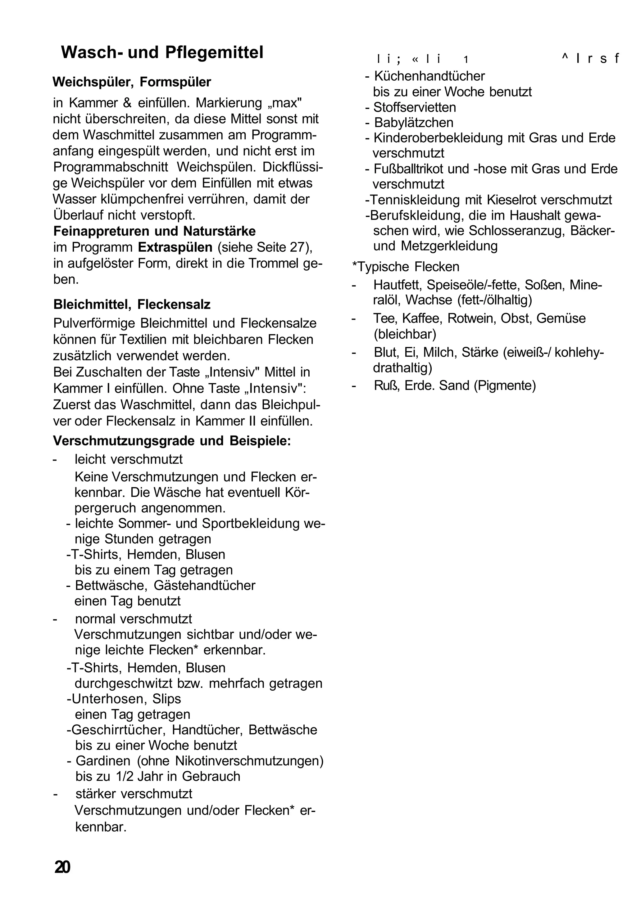 Wasch- und Pflegemittel                              I i ; « I i    1               ^ I r s f
Weichspüler, Formspüler                            - Küchenhandtücher
                                                     bis zu einer Woche benutzt
in Kammer & einfüllen. Markierung „max"            - Stoffservietten
nicht überschreiten, da diese Mittel sonst mit     - Babylätzchen
dem Waschmittel zusammen am Programm-              - Kinderoberbekleidung mit Gras und Erde
anfang eingespült werden, und nicht erst im          verschmutzt
Programmabschnitt Weichspülen. Dickflüssi-         - Fußballtrikot und -hose mit Gras und Erde
ge Weichspüler vor dem Einfüllen mit etwas           verschmutzt
Wasser klümpchenfrei verrühren, damit der          -Tenniskleidung mit Kieselrot verschmutzt
Überlauf nicht verstopft.                          -Berufskleidung, die im Haushalt gewa-
Feinappreturen und Naturstärke                       schen wird, wie Schlosseranzug, Bäcker-
im Programm Extraspülen (siehe Seite 27),            und Metzgerkleidung
in aufgelöster Form, direkt in die Trommel ge-   *Typische Flecken
ben.                                             - Hautfett, Speiseöle/-fette, Soßen, Mine-
Bleichmittel, Fleckensalz                           ralöl, Wachse (fett-/ölhaltig)
Pulverförmige Bleichmittel und Fleckensalze      - Tee, Kaffee, Rotwein, Obst, Gemüse
können für Textilien mit bleichbaren Flecken        (bleichbar)
zusätzlich verwendet werden.                     - Blut, Ei, Milch, Stärke (eiweiß-/ kohlehy-
Bei Zuschalten der Taste „Intensiv" Mittel in       drathaltig)
Kammer I einfüllen. Ohne Taste „Intensiv":       - Ruß, Erde. Sand (Pigmente)
Zuerst das Waschmittel, dann das Bleichpul-
ver oder Fleckensalz in Kammer II einfüllen.
Verschmutzungsgrade und Beispiele:
- leicht verschmutzt
    Keine Verschmutzungen und Flecken er-
    kennbar. Die Wäsche hat eventuell Kör-
    pergeruch angenommen.
  - leichte Sommer- und Sportbekleidung we-
    nige Stunden getragen
  -T-Shirts, Hemden, Blusen
    bis zu einem Tag getragen
  - Bettwäsche, Gästehandtücher
    einen Tag benutzt
- normal verschmutzt
    Verschmutzungen sichtbar und/oder we-
    nige leichte Flecken* erkennbar.
  -T-Shirts, Hemden, Blusen
    durchgeschwitzt bzw. mehrfach getragen
  -Unterhosen, Slips
    einen Tag getragen
  -Geschirrtücher, Handtücher, Bettwäsche
    bis zu einer Woche benutzt
  - Gardinen (ohne Nikotinverschmutzungen)
    bis zu 1/2 Jahr in Gebrauch
- stärker verschmutzt
    Verschmutzungen und/oder Flecken* er-
    kennbar.


20
 