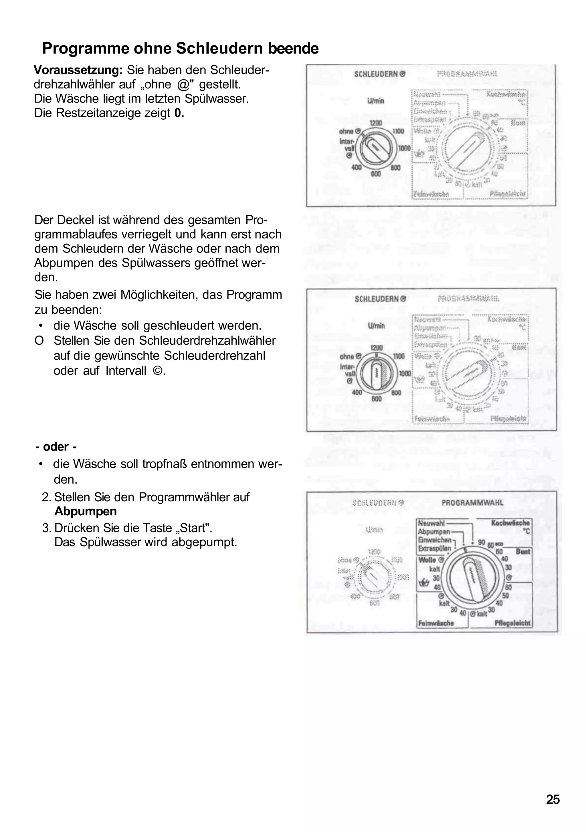 Programme ohne Schleudern beende
Voraussetzung: Sie haben den Schleuder-
drehzahlwähler auf „ohne @" gestellt.
Die Wäsche liegt im letzten Spülwasser.
Die Restzeitanzeige zeigt 0.




Der Deckel ist während des gesamten Pro-
grammablaufes verriegelt und kann erst nach
dem Schleudern der Wäsche oder nach dem
Abpumpen des Spülwassers geöffnet wer-
den.
Sie haben zwei Möglichkeiten, das Programm
zu beenden:
 • die Wäsche soll geschleudert werden.
O Stellen Sie den Schleuderdrehzahlwähler
    auf die gewünschte Schleuderdrehzahl
    oder auf Intervall ©.




- oder -
 • die Wäsche soll tropfnaß entnommen wer-
     den.
  2. Stellen Sie den Programmwähler auf
     Abpumpen
  3. Drücken Sie die Taste „Start".
     Das Spülwasser wird abgepumpt.




                                              25
 