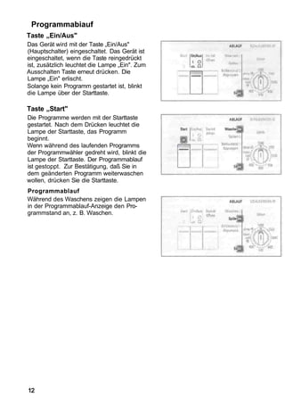 Programmabiauf
Taste „Ein/Aus"
Das Gerät wird mit der Taste „Ein/Aus"
(Hauptschalter) eingeschaltet. Das Gerät ist
eingeschaltet, wenn die Taste reingedrückt
ist, zusätzlich leuchtet die Lampe „Ein". Zum
Ausschalten Taste erneut drücken. Die
Lampe „Ein" erlischt.
Solange kein Programm gestartet ist, blinkt
die Lampe über der Starttaste.

Taste „Start"
Die Programme werden mit der Starttaste
gestartet. Nach dem Drücken leuchtet die
Lampe der Starttaste, das Programm
beginnt.
Wenn während des laufenden Programms
der Programmwähler gedreht wird, blinkt die
Lampe der Starttaste. Der Programmablauf
ist gestoppt. Zur Bestätigung, daß Sie in
dem geänderten Programm weiterwaschen
wollen, drücken Sie die Starttaste.
Programmablauf
Während des Waschens zeigen die Lampen
in der Programmablauf-Anzeige den Pro-
grammstand an, z. B. Waschen.




12
 