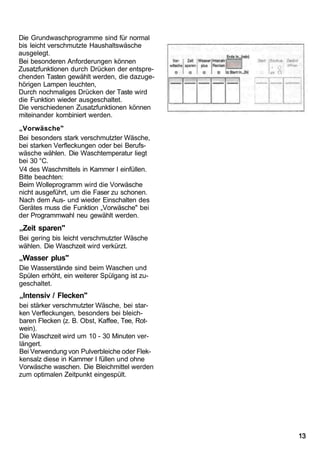 Die Grundwaschprogramme sind für normal
bis leicht verschmutzte Haushaltswäsche
ausgelegt.
Bei besonderen Anforderungen können
Zusatzfunktionen durch Drücken der entspre-
chenden Tasten gewählt werden, die dazuge-
hörigen Lampen leuchten,
Durch nochmaliges Drücken der Taste wird
die Funktion wieder ausgeschaltet.
Die verschiedenen Zusatzfunktionen können
miteinander kombiniert werden.
„Vorwäsche"
Bei besonders stark verschmutzter Wäsche,
bei starken Verfleckungen oder bei Berufs-
wäsche wählen. Die Waschtemperatur liegt
bei 30 °C.
V4 des Waschmittels in Kammer I einfüllen.
Bitte beachten:
Beim Wolleprogramm wird die Vorwäsche
nicht ausgeführt, um die Faser zu schonen.
Nach dem Aus- und wieder Einschalten des
Gerätes muss die Funktion „Vorwäsche" bei
der Programmwahl neu gewählt werden.
„Zeit sparen"
Bei gering bis leicht verschmutzter Wäsche
wählen. Die Waschzeit wird verkürzt.
„Wasser plus"
Die Wasserstände sind beim Waschen und
Spülen erhöht, ein weiterer Spülgang ist zu-
geschaltet.
„Intensiv / Flecken"
bei stärker verschmutzter Wäsche, bei star-
ken Verfleckungen, besonders bei bleich-
baren Flecken (z. B. Obst, Kaffee, Tee, Rot-
wein).
Die Waschzeit wird um 10 - 30 Minuten ver-
längert.
Bei Verwendung von Pulverbleiche oder Flek-
kensalz diese in Kammer I füllen und ohne
Vorwäsche waschen. Die Bleichmittel werden
zum optimalen Zeitpunkt eingespült.




                                               13
 
