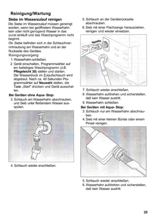 Reinigung/Wartung
Slobe im Wasserzulauf reinigen                   5. Schlauch an der Geräterückseite
Dlo Siebe im Wasserzulauf müssen gereinigt          abschrauben.
worden, wenn bei geöffnetem Wasserhahn           6. Sieb mit einer Flachzange herausziehen,
kein oder nicht genügend Wasser in das              reinigen und wieder einsetzen.
üurat einläuft und das Waschprogramm nicht
beginnt.
Ol« Siebe befinden sich in der Schlauchver-
nnhraubung am Wasserhahn und an der
Ruckseite des Gerätes.
Roinigungsvorgang:
 1. Wasserhahn schließen.
 2 Gerät einschalten, Programmwähler auf
    ein beliebiges Waschprogramm (z.B.
    Pflegeleicht 30) stellen und starten.
    Der Wasserdruck im Zulaufschlauch wird
    abgebaut. Nach ca. 40 Sekunden Pro-
    grammwähler auf Neuwahl stellen, die
    Taste „Start" drücken und Gerät ausschal-
    ten.                                         7. Schlauch wieder anschließen.
Bei Geräten ohne Aqua- Stop:                     8. Wasserhahn aufdrehen und sicherstellen,
 3. Schlauch am Wasserhahn abschrauben,             daß kein Wasser austritt.
    und Sieb unter fließendem Wasser aus-        9. Wasserhahn schließen.
    spülen.                                     Bei Geräten mit Aqua- Stop:
                                                 3. Schlauch nur am Wasserhahn abschrau-
                                                    ben.
                                                 4. Sieb mit einer kleinen Bürste oder einem
                                                    Pinsel reinigen.




 4. Schlauch wieder anschließen.



                                                 5. Schlauch wieder anschließen.
                                                 6. Wasserhahn aufdrehen und sicherstellen,
                                                    daß kein Wasser austritt.




                                                                                          29
 