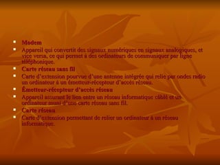 Modem  Appareil qui convertit des signaux numériques en signaux analogiques, et vice versa, ce qui permet à des ordinateurs de communiquer par ligne téléphonique. Carte réseau sans fil  Carte d’extension pourvue d’une antenne intégrée qui relie par ondes radio un ordinateur à un émetteur-récepteur d’accès réseau. Émetteur-récepteur d’accès réseau  Appareil assurant le lien entre un réseau informatique câblé et un ordinateur muni d’une carte réseau sans fil. Carte réseau  Carte d’extension permettant de relier un ordinateur à un réseau informatique. 