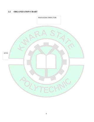 MANAGING DIRECTOR
ADMINISTRATION
OPERATOR
ATTENDANCE ENGINEERING
TRAINEE STUDENTS
2.2 ORGANIZATION CHART
8
 