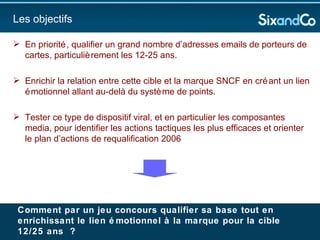 En priorité, qualifier un grand nombre d’adresses emails de porteurs de cartes, particulièrement les 12-25 ans. Enrichir la relation entre cette cible et la marque SNCF en créant un lien émotionnel allant au-delà du système de points.  Tester ce type de dispositif viral, et en particulier les composantes media, pour identifier les actions tactiques les plus efficaces et orienter le plan d’actions de requalification 2006 Les objectifs   Comment par un jeu concours qualifier sa base tout en enrichissant le lien émotionnel à la marque pour la cible 12/25 ans  ?  