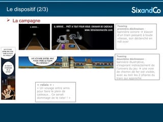 La campagne   Le dispositif (2/3) Teasing première déclinaison  :  bannière sonore    klaxon d’un train passant à toute vitesse, son déclenché en roll over « relais » :  « Un voyage entre amis pour faire le plein de cadeaux… Ce serait dommage de le rater ! » Teasing deuxième déclinaison  :  bannière illustrative, s’inspirant indirectement de l’univers du jeu    une voie de chemin de fer est visible, avec au loin les 2 phares du train qui approche 