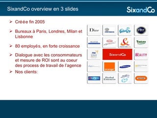 Créée fin 2005 Bureaux à Paris, Londres, Milan et Lisbonne 80 employés, en forte croissance Dialogue avec les consommateurs et mesure de ROI sont au coeur des process de travail de l’agence Nos clients: SixandCo overview en 3 slides 