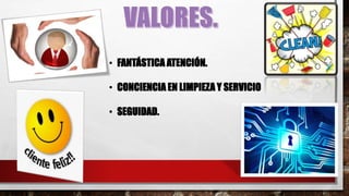 • FANTÁSTICA ATENCIÓN.
• CONCIENCIA EN LIMPIEZA Y SERVICIO
• SEGUIDAD.
 