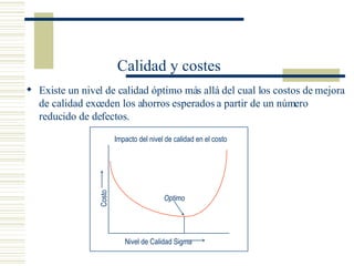 Calidad y costes Existe un nivel de calidad óptimo más allá del cual los costos de mejora de calidad exceden los ahorros esperados a partir de un número reducido de defectos. Costo Nivel de Calidad Sigma Optimo Impacto del nivel de calidad en el costo 