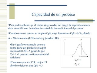 Capacidad de un proceso Para poder aplicar Cp, el centro de gravedad del rango de especificaciones debe coincidir con la tendencia central de las mediciones del proceso. Cuando esto no ocurre, se emplea Cpk, cuya formula es Cpk = Δ /3 σ, donde Δ  = Mínimo entre (LSE-media) y (media-LIE) En el grafico se aprecia que una buena parte del producto esta por encima del LSE. A pesar de que Cp>1, el proceso no tiene capacidad suficiente Cuanto mayor sea Cpk, mejor. El objetivo típico es que  Cpk >1,3 