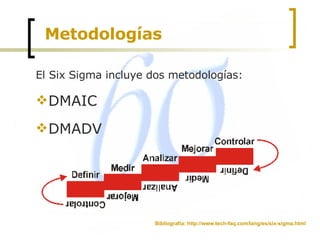 Metodologías  El Six Sigma incluye dos metodologías: DMAIC DMADV Bibliografía: http://www.tech-faq.com/lang/es/six-sigma.html 