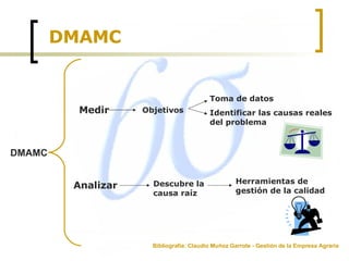 DMAMC DMAMC Bibliografía: Claudio Muñoz Garrote - Gestión de la Empresa Agraria Medir Objetivos Toma de datos Identificar las causas reales del problema  Analizar Descubre la causa raíz Herramientas de gestión de la calidad 