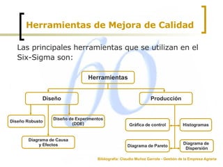 Herramientas de Mejora de Calidad Las principales herramientas que se utilizan en el Six-Sigma son: Bibliografía: Claudio Muñoz Garrote - Gestión de la Empresa Agraria Herramientas Diseño Diseño de Experimentos (DDE) Diseño Robusto Diagrama de Causa y Efectos  Producción Histogramas Diagrama de Pareto Gráfica de control Diagrama de  Dispersión 