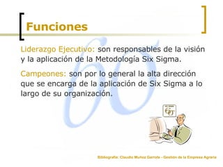 Funciones Liderazgo Ejecutivo:  son responsables de la visión y la aplicación de la Metodología Six Sigma.  Campeones:  son por lo general la alta dirección que se encarga de la aplicación de Six Sigma a lo largo de su organización.  Bibliografía: Claudio Muñoz Garrote - Gestión de la Empresa Agraria 