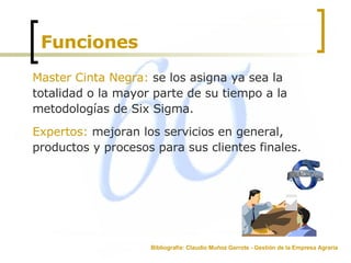 Funciones Master Cinta Negra:  se los asigna ya sea la totalidad o la mayor parte de su tiempo a la metodologías de Six Sigma. Expertos:  mejoran los servicios en general, productos y procesos para sus clientes finales.  Bibliografía: Claudio Muñoz Garrote - Gestión de la Empresa Agraria 