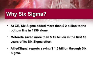 • At GE, Six Sigma added more than $ 2 billion to theAt GE, Six Sigma added more than $ 2 billion to the
bottom line in 1999 alonebottom line in 1999 alone
• Motorola saved more than $ 15 billion in the first 10Motorola saved more than $ 15 billion in the first 10
years of its Six Sigma effortyears of its Six Sigma effort
• AlliedSignal reports saving $ 1,5 billion through SixAlliedSignal reports saving $ 1,5 billion through Six
Sigma.Sigma.
Why Six Sigma?Why Six Sigma?
 