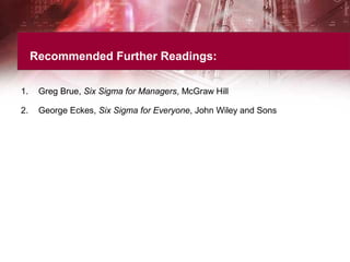 Recommended Further Readings:
1. Greg Brue, Six Sigma for Managers, McGraw Hill
2. George Eckes, Six Sigma for Everyone, John Wiley and Sons
 