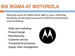 Motorola saved $17 billion from 1986 to 2004, reflecting
hundreds of individual successes in all Motorola business
areas i...