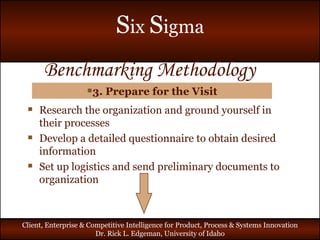 Benchmarking Methodology 3. Prepare for the Visit Research the organization and ground yourself in their processes Develop a detailed questionnaire to obtain desired information Set up logistics and send preliminary documents to organization 
