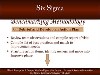 Benchmarking Methodology 5. Debrief and Develop an Action Plan Review team observations and compile report of visit Compile list of best practices and match to improvement needs Structure action items, identify owners and move into Improve phase 