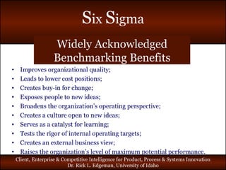 Widely Acknowledged Benchmarking Benefits Improves organizational quality; Leads to lower cost positions; Creates buy-in for change; Exposes people to new ideas; Broadens the organization’s operating perspective; Creates a culture open to new ideas; Serves as a catalyst for learning; Tests the rigor of internal operating targets; Creates an external business view; Raises the organization’s level of maximum potential performance. 