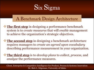 A   B enchmark  D esign  A rchitecture The first step  in designing a performance benchmark system is to  create measures  that will  enable  management to achieve the organization’s strategic objectives. The second step  in designing a benchmark architecture requires managers to  create an agreed upon vocabulary  describing performance measurement in your organization. The third step  is to  develop plans  to  collect ,  process , and  analyze  the performance measures. 
