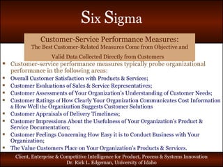 Customer-Service Performance Measures: The Best Customer-Related Measures Come from Objective and Valid Data Collected Directly from Customers   Customer-service performance measures typically probe organizational performance in the following areas: Overall Customer Satisfaction with Products & Services; Customer Evaluations of Sales & Service Representatives; Customer Assessments of Your Organization’s Understanding of Customer Needs; Customer Ratings  of  How Clearly Your Organization Communicates Cost Information  &  How   Well  the  Organization   Suggests   Customer Solutions Customer Appraisals of Delivery Timeliness; Customer Impressions About the Usefulness of Your Organization’s Product & Service Documentation; Customer Feelings Concerning How Easy it is to Conduct Business with Your Organization; The Value Customers Place on Your Organization’s Products & Services. 