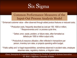 Common Performance Measures of the Input-Out Process Analysis Model * Enhanced customer value - often observed through added product features or reduced costs; * Production costs, frequently described as cost per 100, 1000 or million; * Responsiveness and / or process cycle time; * Defect, error, waste, problem, or failure rates, often formatted as defects per 1000 or million output units; * Productivity & resource utilization, often reflected in transactions per person, inventory turn rates, or projects operating within budget; * Public safety and / or legal responsibilities, sometimes observed in accident rates, employee absentee rates, regulatory citations, or litigation rates. 