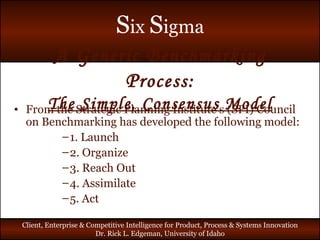 A G eneric  B enchmarking  P rocess: The Simple, Consensus Model From the Strategic Planning Institute’s (SPI) Council on Benchmarking has developed the following model: 1. Launch 2. Organize 3. Reach Out 4. Assimilate 5. Act 